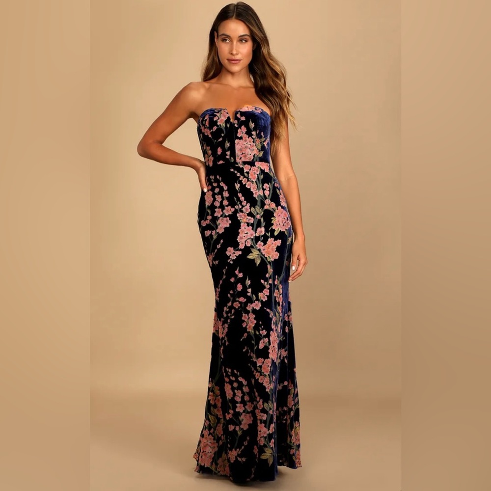 Navy and Pink Floral Velvet Dress